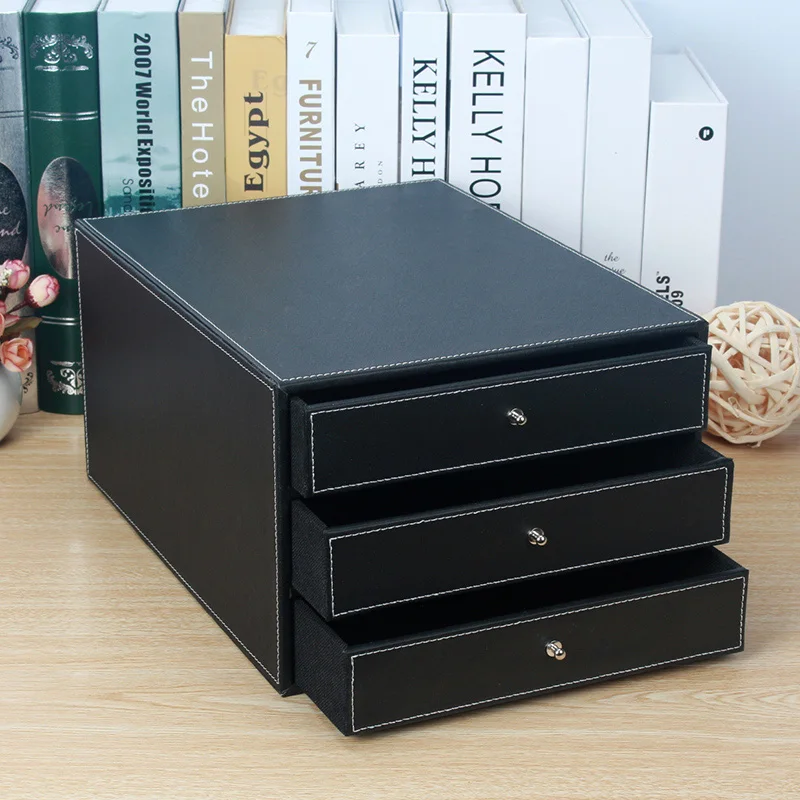 3-layer 3-drawer wood leather desk set filing cabinet storage box drawer office organizer document container holder brown 213B