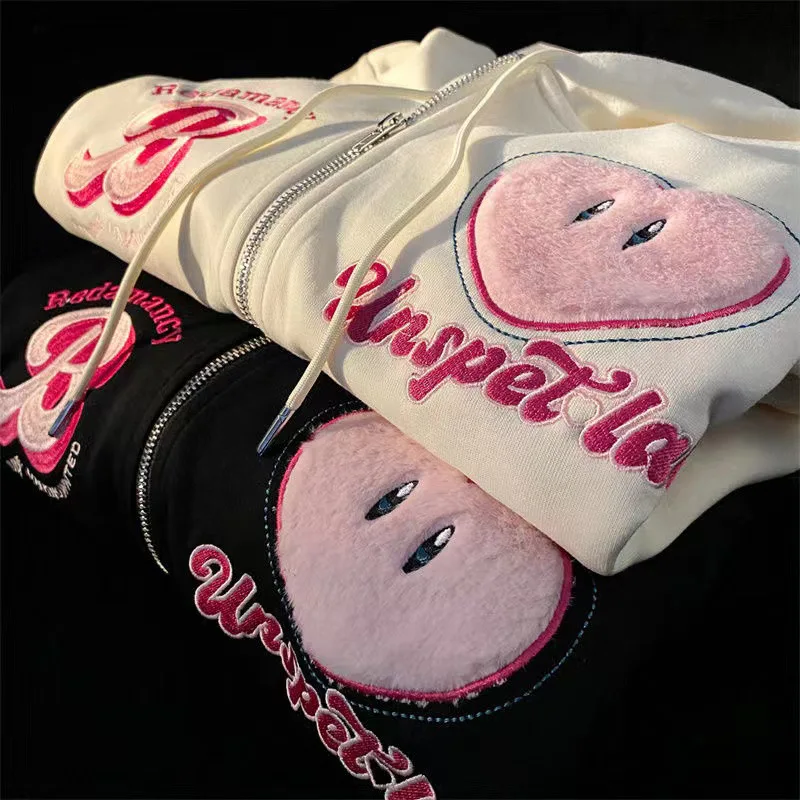 

Y2K Cartoon Embroidered Hoodies Women'S Sweatshirts 2023 New Korean Loose Casual Versatile Cardigan Hooded Long-Sleeved Top Gift