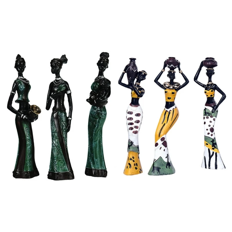 

3Pcs Vintage African Woman Statue Resins Sculpture Exotic Tribal Lady Figurine African Art Ornament Home Desktops Decors DXAF