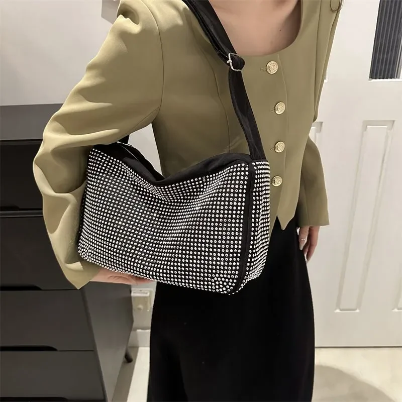 Luxury Designer Underarm Purse Female Shiny Rhinestone Stylish Women Shoulder Bag Wide Strap Crossbody Bag