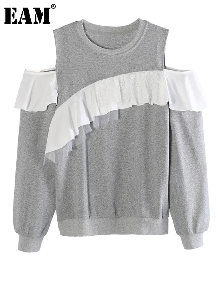 

[EAM] Gray Off Shoulder Ruffles Sweatshirt New Round Neck Long Sleeve Women Big Size Fashion Tide Spring Autumn 2023 1DH2298