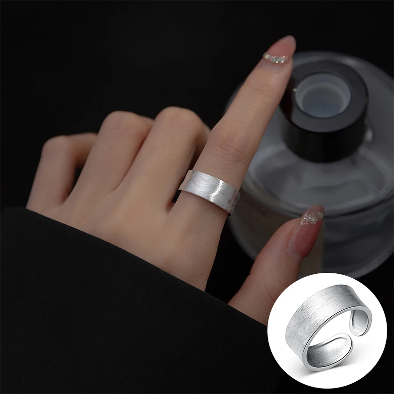 

100% 925 Sterling Silver Geometric Open Ring for Women Girl Simple Wide Frosted Smooth Design Jewelry Party Gift Dropshipping