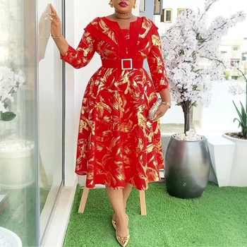 Elegante abito con stampa midi a linea A per donna O collo maniche da polso cintura in vita volant pieghettati abiti da festa per ufficio femminile africano