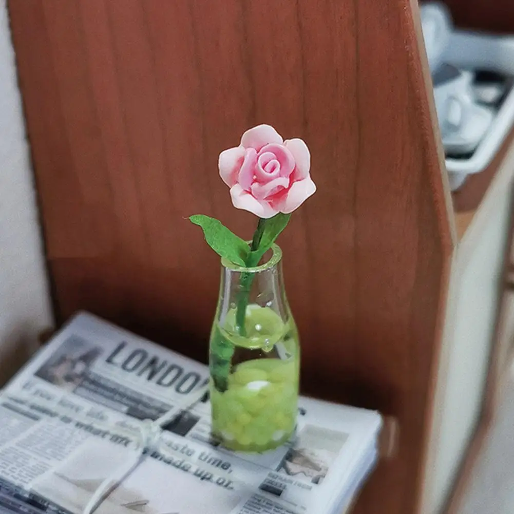 

Dollhouse Floral Decorations Mini Resin Rose Flower Vase Ornament for Dollhouse Pretend Play Decor Durable Toy House for Home