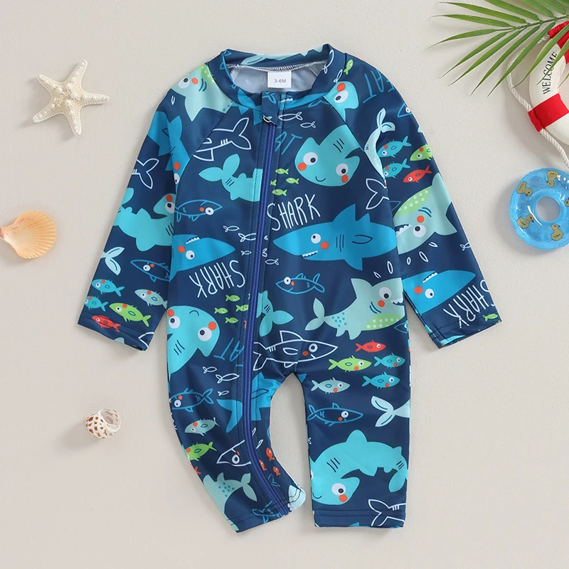 0-24months Baby Boys Rash Guard Swimwear Long Sleeve Zip-Up Shark Spider Print One_piece Swimsuit For Infant Boys 1