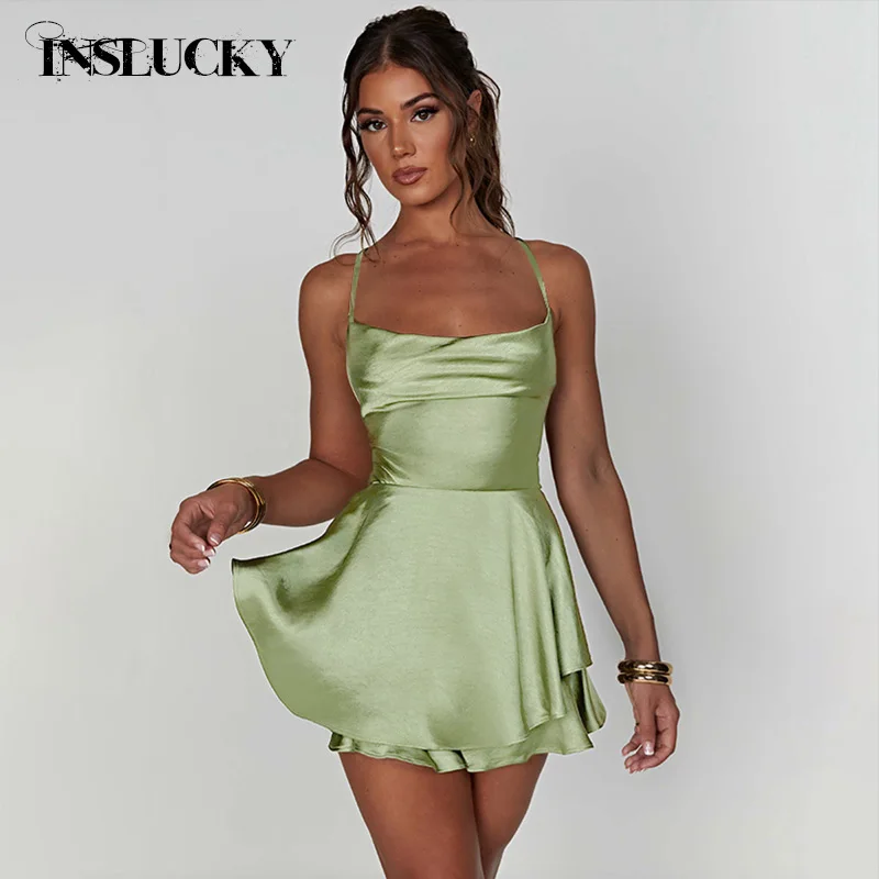 

InsLucky Satin Backless Sling Dress Women Sexy Hot Girl Travel Party Clothing Sleeveless Folds Solid Slim A Line Mini Dresses