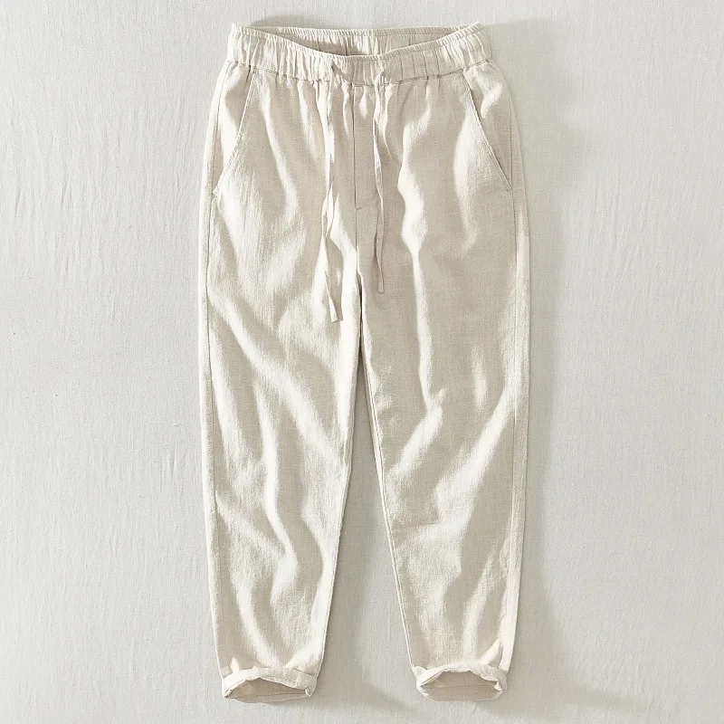 Summer Casual Pants Men'S Thin Section Trendy Youth Loose Cotton And Linen Drawstring Elastic Waist Straight Leg Cropped Pants