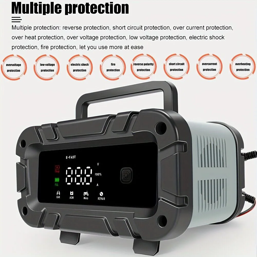 10A/6A/5A Fully Automatic Battery Charger 12V/24V Car Motorcycle Level 7 Charging Pulse Repair for Car Motorcycle AGM GEL WET