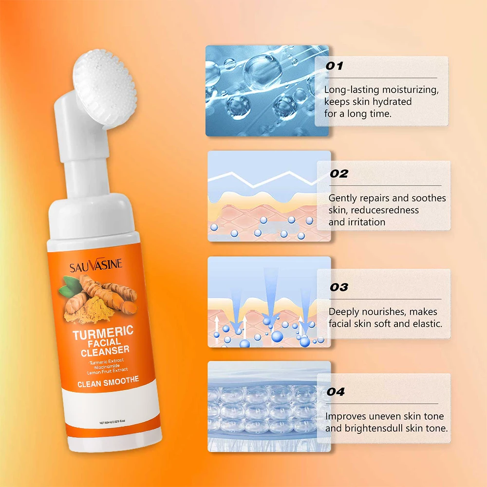 60ML Turmeric Cleanser Deeply Cleansing Kojic Acid Blackhead Remover Skin Cleansing Oil Control Fade Acne Marks Brighten Foam 4