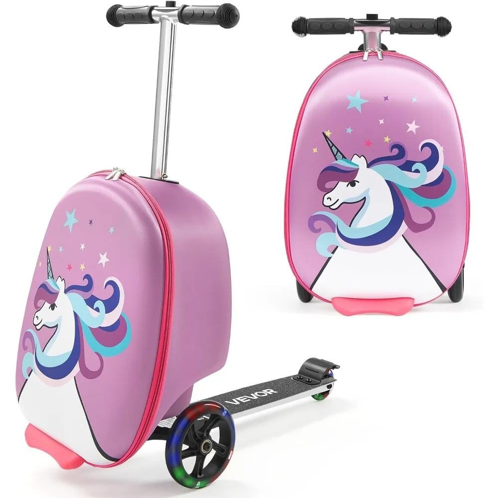 20L 20 Inch Purple Kids Ride-on Luggage Scooter Suitcase Flash PU Wheels Adjustable Handle TPR Grip Foldable for 5+ Kids Travel