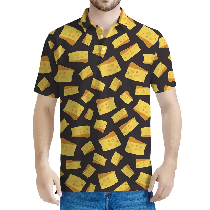 Cartoon Cheese Polo per uomo Summer Street allentato a maniche corte Tees 3d Printed Food Button risvolto T Shirt Casual top - immagine 2