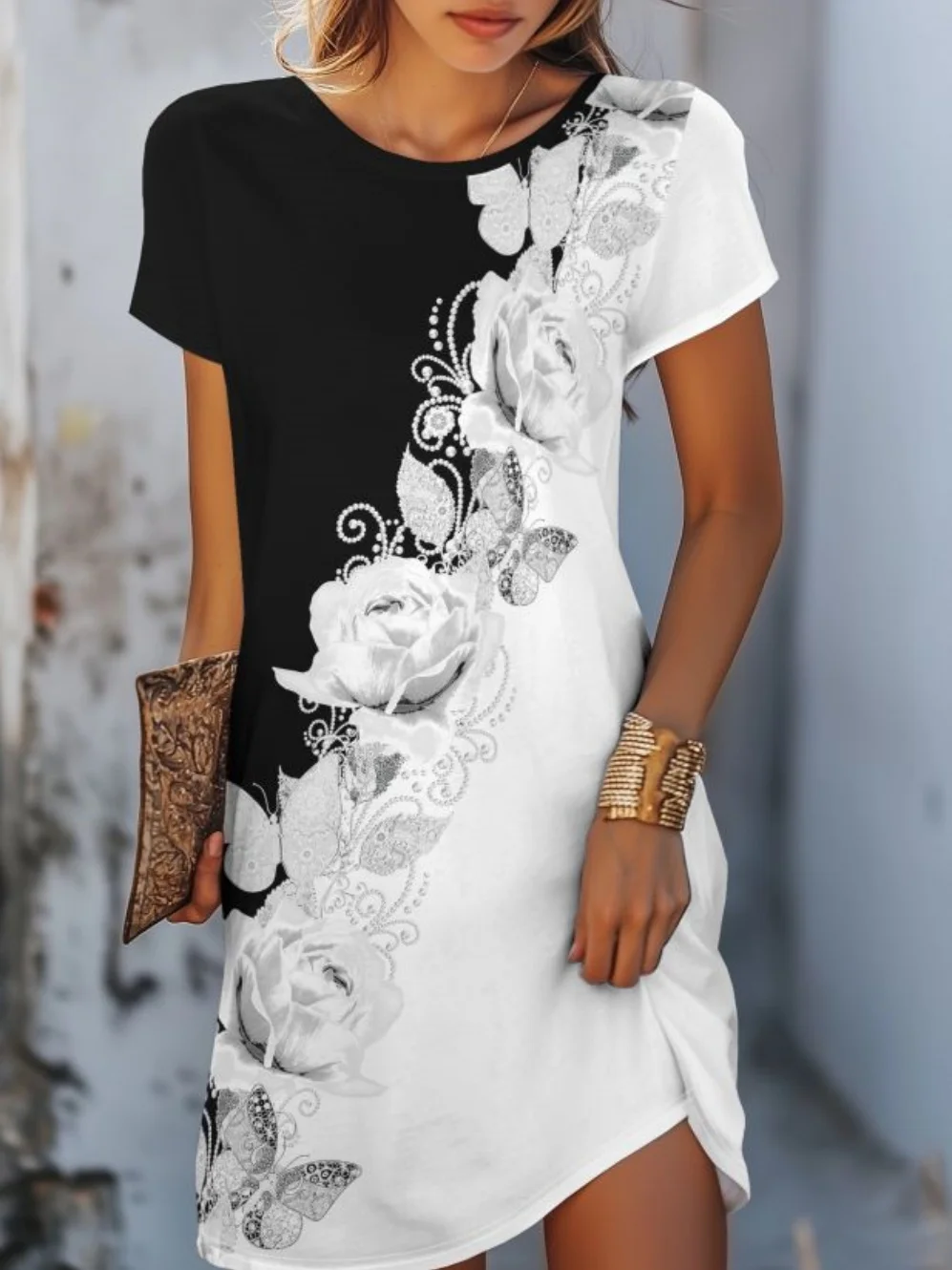 Robe d'été élégante à motif floral pour femme, style streetwear, manches courtes, col rond, collection 2026 1