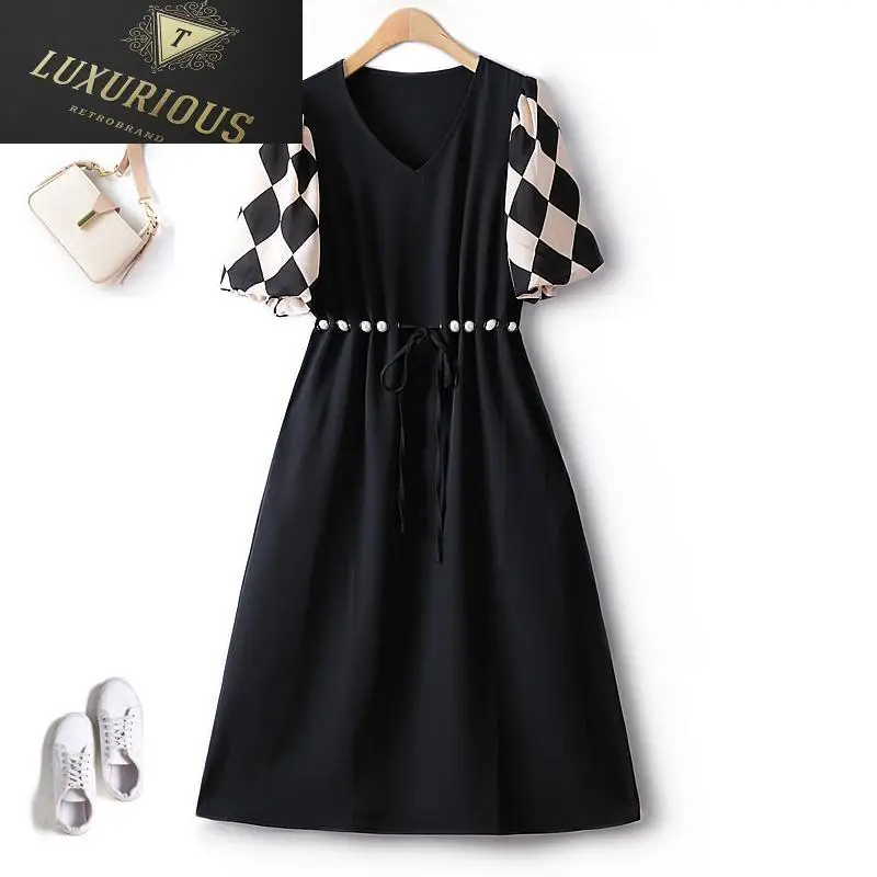 

French Elegant Casual Dresses For Women 2023 Color Contrast Plaid Sleeve Stitching V Neck Drape Chiffon Beaded Female Dress