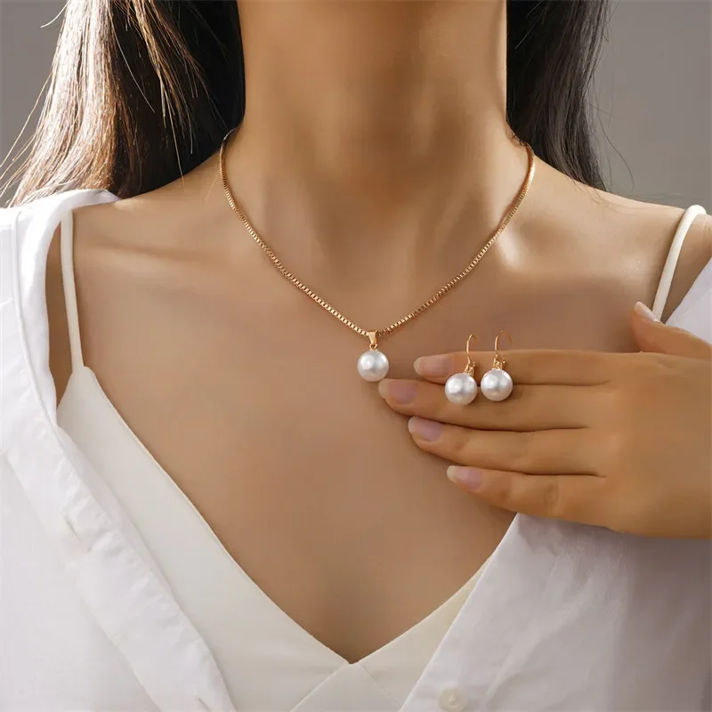 Vintage Simple Imitation Pearl Pendant Necklace Earring Set for Women Gold Color Chain Metal Jewelry Set Wedding Birthday Gifts 1