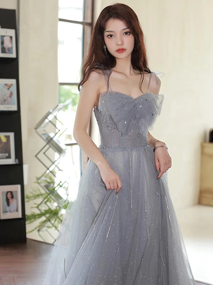 Sloh ženy špagety řemen soumrak šaty elegantní exquisite luk backless dlouhé maturitní večírek gowns 2023 nový