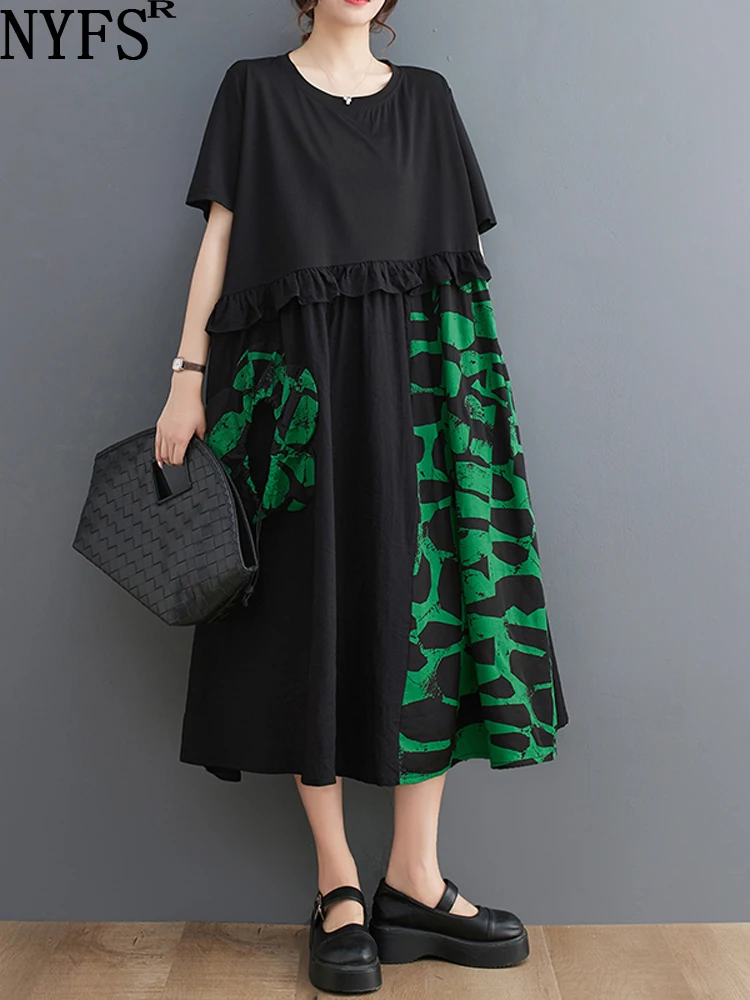 

NYFS 2023 Summer New Office Lady Woman Dress Vestidos Robe Elbise Loose Plus Size Print Short Sleeve Long Dresses