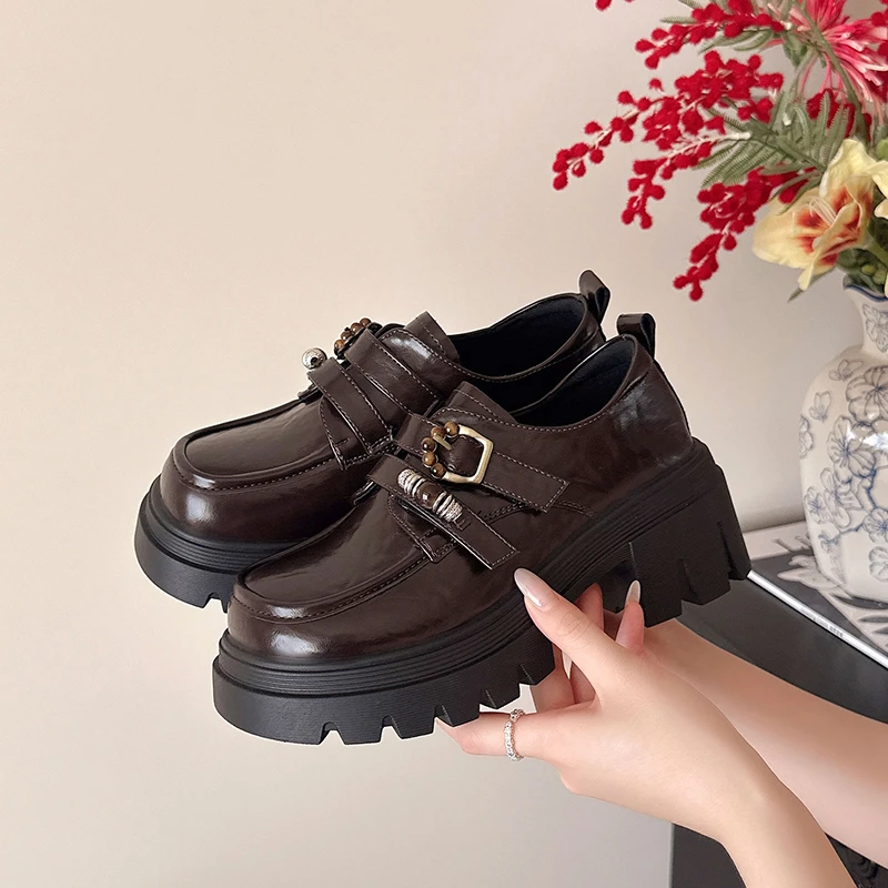 Aphixta 6cm Square Heel Women Flats String Bead Woman Loafers High Quality Leather Ladies Casual Shoes Round Toe Footwear