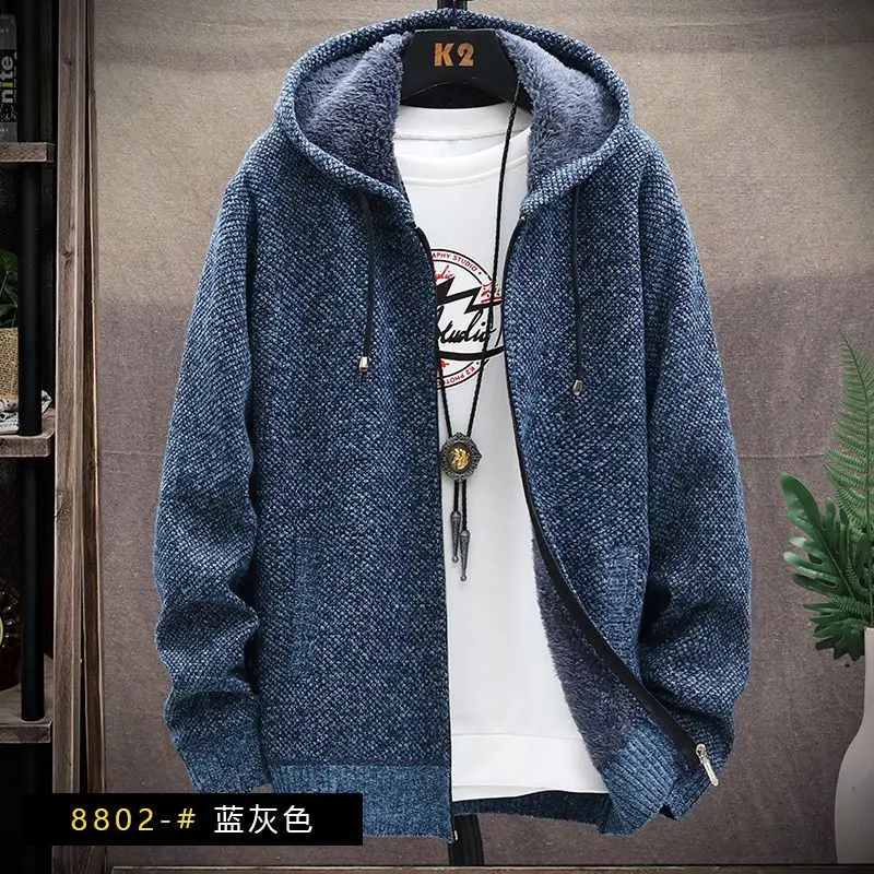 Men's Casual Sweater Pullover Slim Stand Collar Thick Autumn and Winter Long Sleeved Zipper Hooded Knitted Cardigan Coats Tops