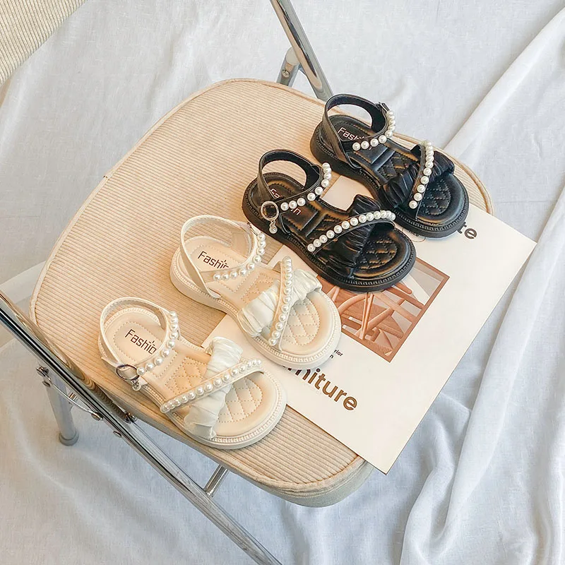 

Сандалии для девочек, детские сандалии принцессы, Новинка лета 2023, детская пляжная обувь, милая мягкая подошва с бусинами и жемчугом, с открытым носком, кружевная шикарная Милая