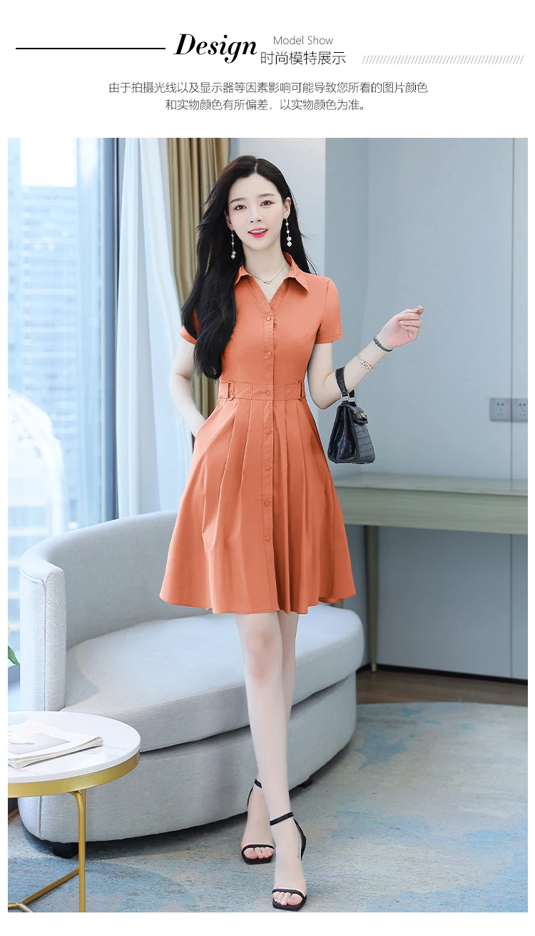 2022 Short Sleeve Polo Collar Office Lady Shirt Dress Summer