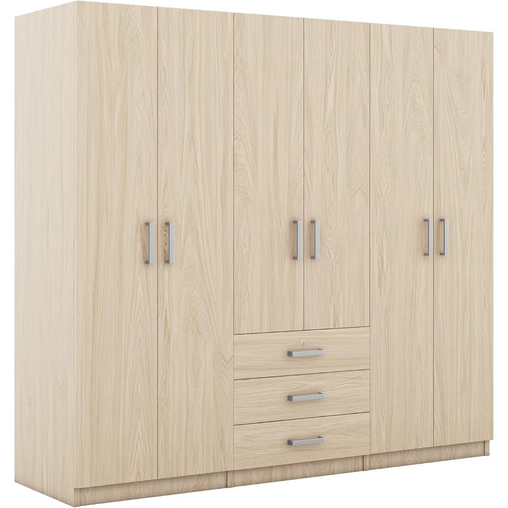 Large Wardrobe Closet 6 Doors, 70.9" W Wooden Wardrobe Cabinet with Big Drawers, Bedroom Armoire Dresser Wardrobe Clothes Organi 5