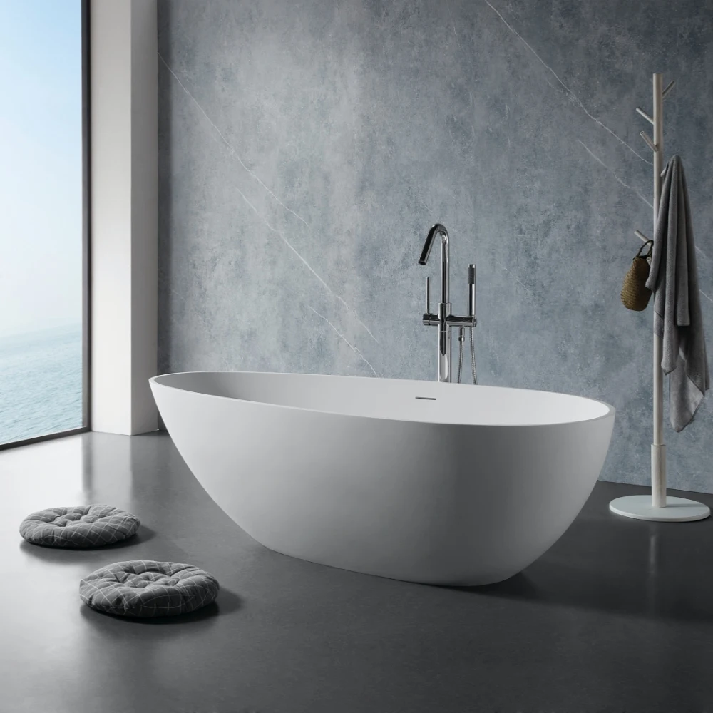 67" Freestanding Solid Surface Bathtub, Luxury Engineered Stone Resin Freestanding Soaking Bathtub with 2