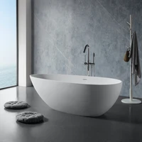 67" Freestanding Solid Surface Bathtub, Luxury Engineered Stone Resin Freestanding Soaking Bathtub with 2