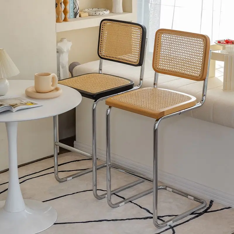 Nordic Solid Wood Rattan Bar Chair Home High Stool Simple Retro Bar Chair Front Desk High Furniture