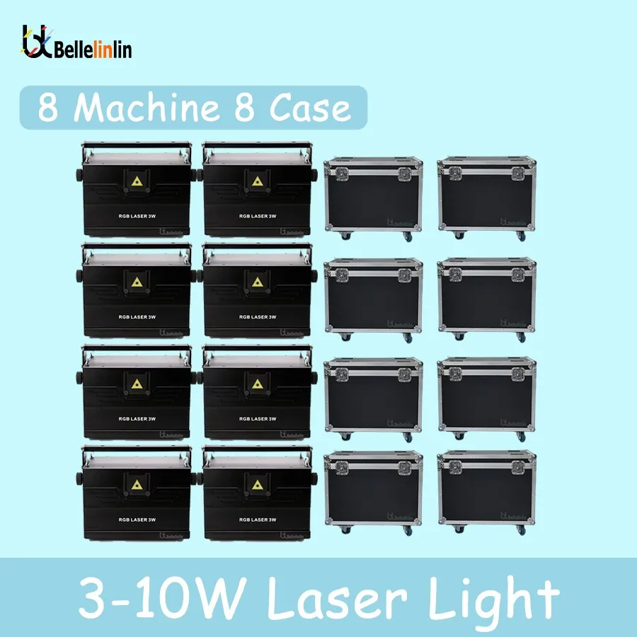 

0 Tax 8Pcs 3/4/5/8/10W RGB Full Color Laser Projector Stage Light With Case Animation Laser Light ILDA Club Disco DJ Bar DMX Da