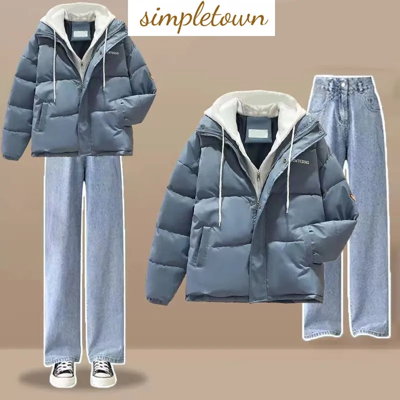 Korean Style Thickened Cotton Jacket Hoodie Jacket Wide Leg Jeans Two-piece Elegant Women's Winter Pants Set Outfits