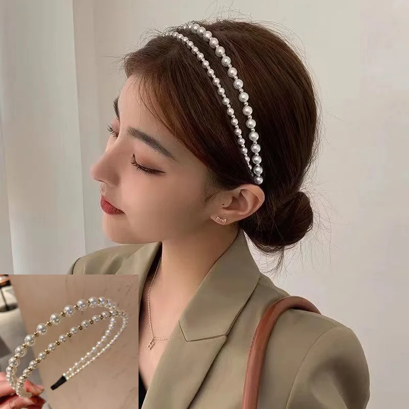 Ins 2-In-1 Pearl Headband Hairbands For Women Crystal Hairband Thin Hair Band Hair Accessories For Girl mymc women pearl waist chain elastic belt for dress fashion woman girls waistbands sweet decorative dress accessories thin belts