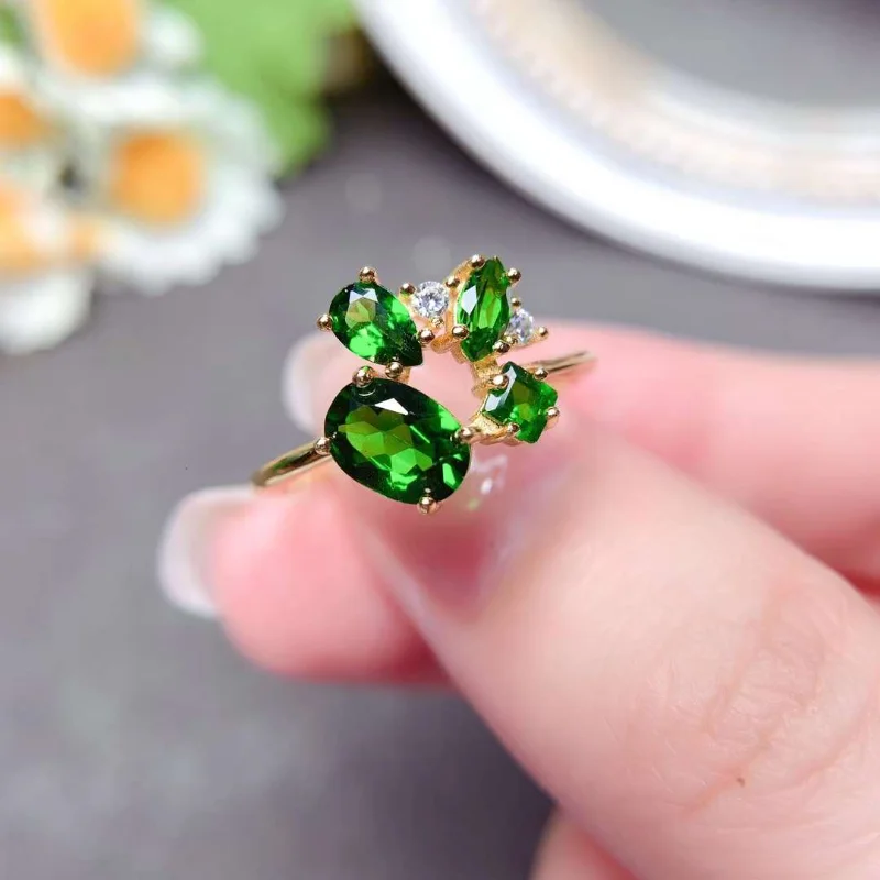 

YULEM Simple Silver Green Gemstone Ring for Daily Wear 5mm*7mm 100% Natural Diopside Ring 925 Silver Chrome Diopside Jewelry