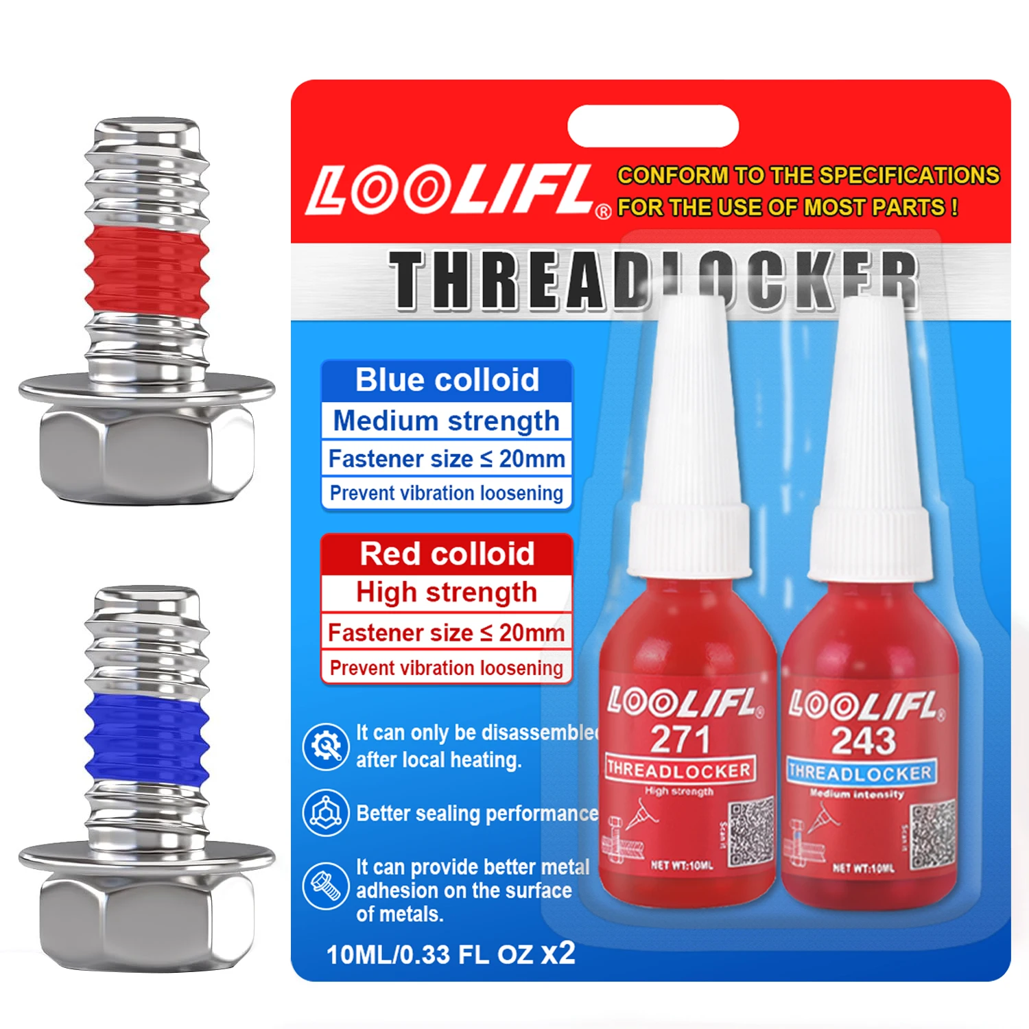 Automotive Anaerobic Screw Glue 10ml Value Pack-243 Medium + 271 High Strength Rust-Proof Corrosion-Resistant for Car