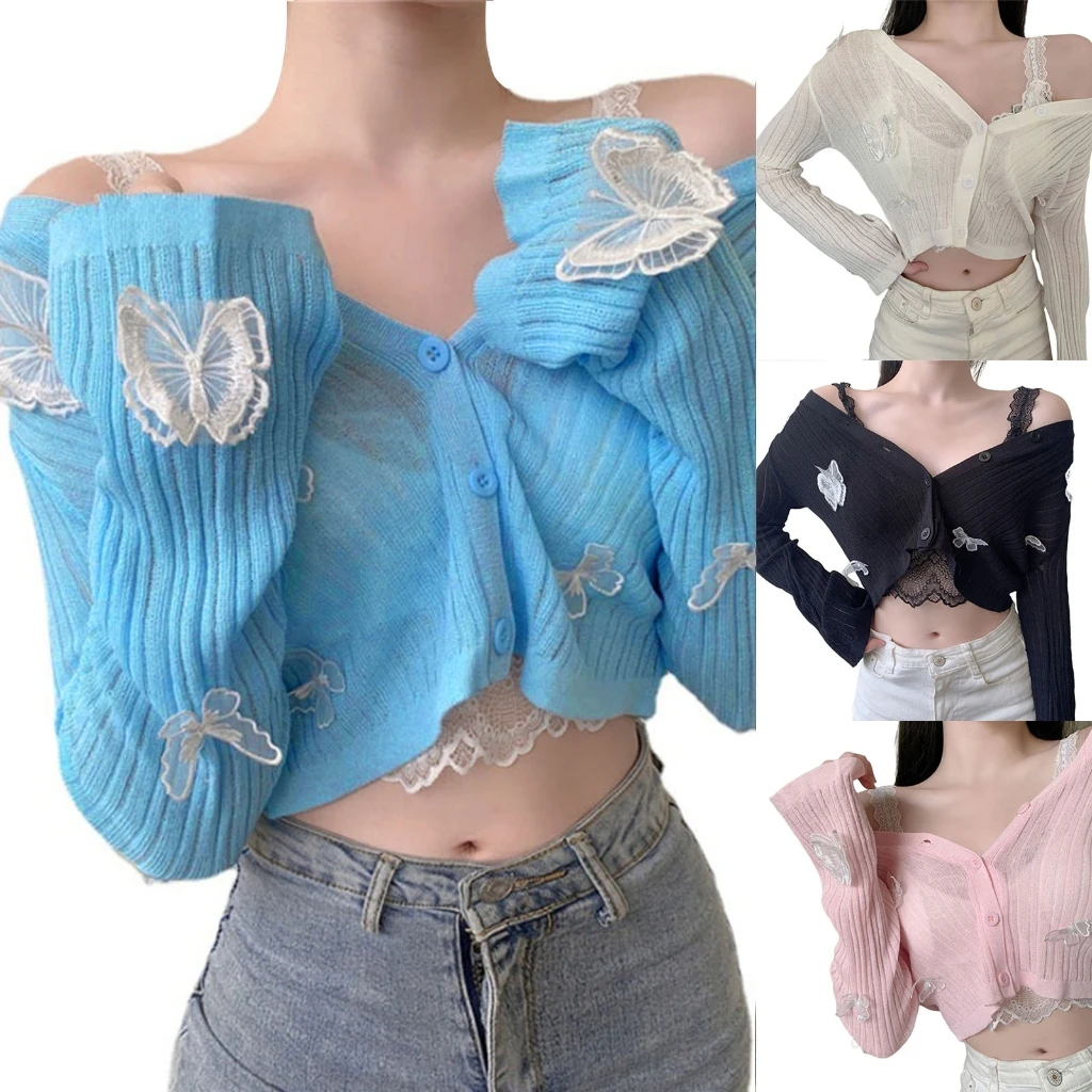 

Women Summer Thin Mesh Long Sleeve Cropped Cardigan 3D Embroidery for Butterfly Ribbed Knit Button Down Slim Sweater Dropship