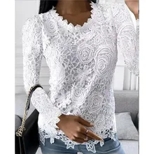  2022 Autumn and Winter New Women's Casual Elegant Stitching Lace Long Sleeve Tops Round Neck Solid Color Daily Fashion Tee Shirt 