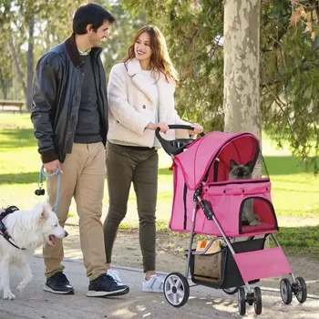 Foldable Carrier Strolling Cart 4 Wheel Pet Stroller, for Cat, Dog w/ Cup Holder 5