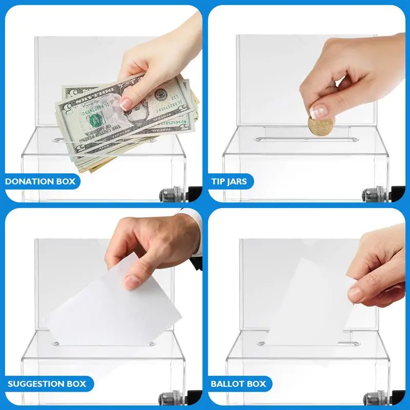 Jasne pudełko z sugestią słoiki do przechowywania darowizny handlując loterią na karty do głosowania akrylową zbiórkę pieniędzy na pojemnik na pieniądze