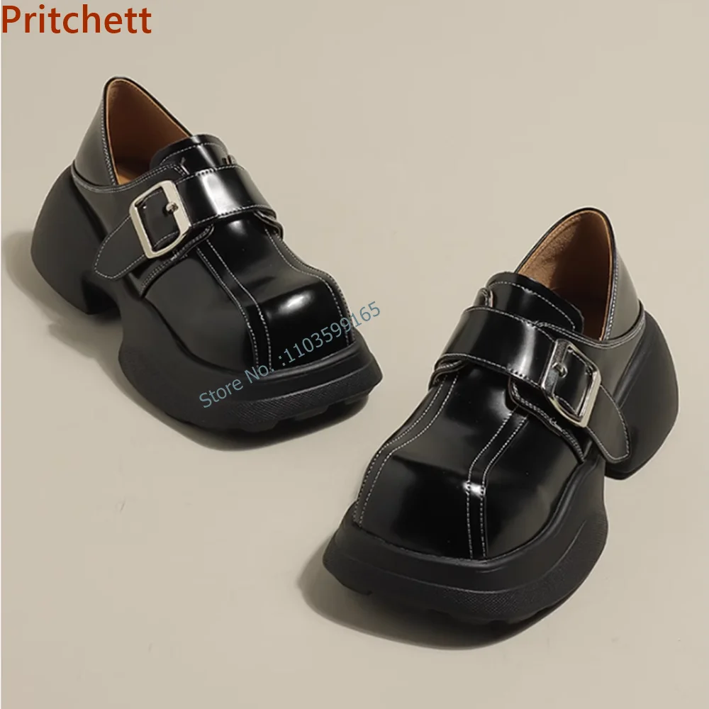 

Platform Shallow Solid Pumps Round Toe Thick Soled Black Buckle Strap Patent Leather Shoes British Style Concise Shoes