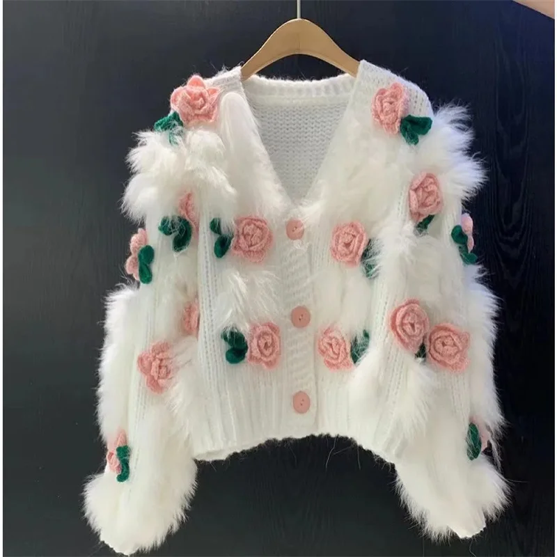 Women's New Sweet Rose Blossoms 3D Hook Flower Rose Blossoms Sweater 2025 Autumn Female loose Splicing Hairy Rose Blossoms Top