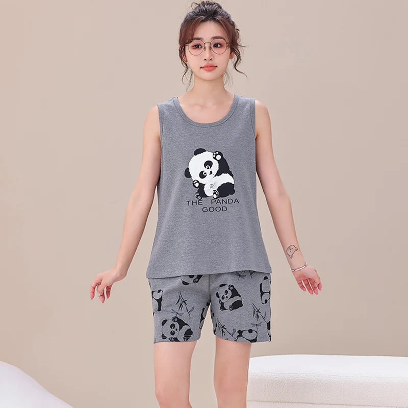 Summer Vest Pajamas For Young Girls Sleepwear Cartoon Print Shorts Set Sleeveless Night Wear Big Yards M-XXXL Female Sleep Wear - 6