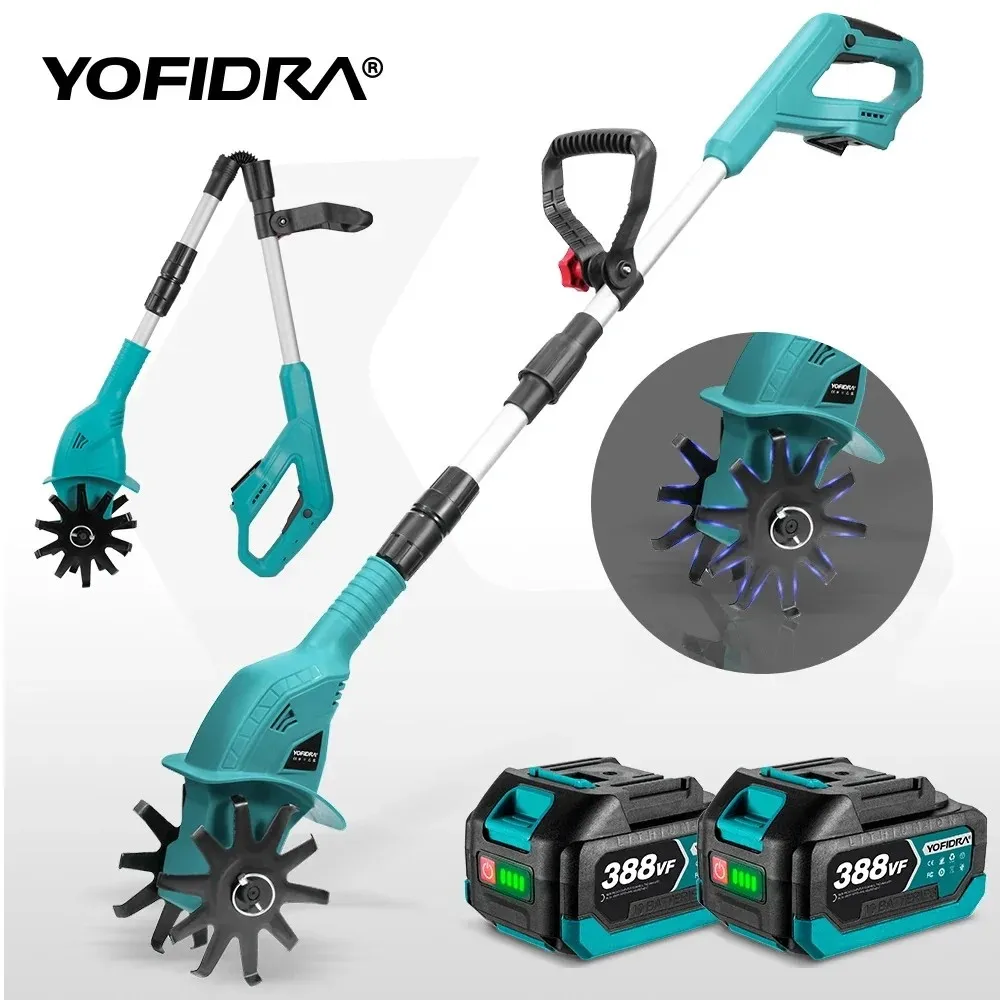 YOFIDRA Garden Tiller Cultivator, Multi-purpose Rotary Weeding Trimmer Tractor Lawn Mower For Makita 18V Battery Pin