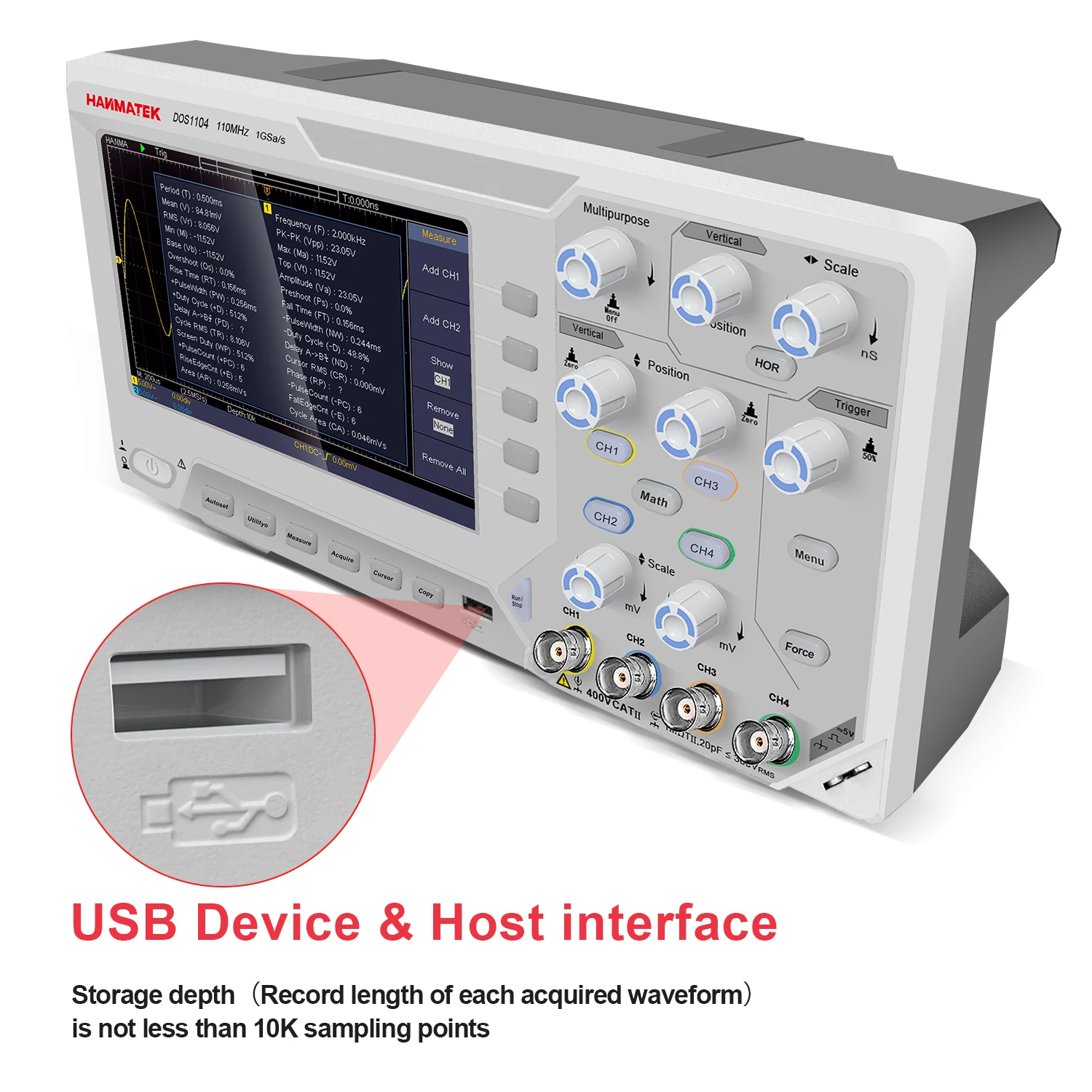 Hanmatek Digital Oscilloscope 2 / 4 Channels 110MhZ Bandwidth 1GS/s Sampling Rate 5mV/Div 7-inch LED SCPI/labview communication 5