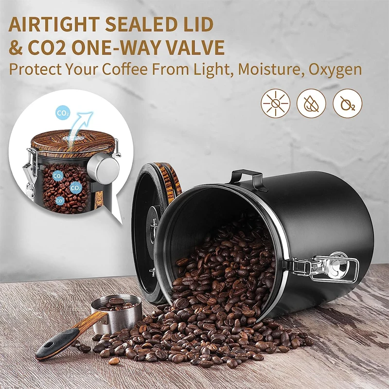 Auto Vacuum Sealed Coffee Canister & Scoop - Vacuum Seal Canister -  Airtight Coffee Container For Ground Coffee- Stainless Steel Coffee Bean  Storage 