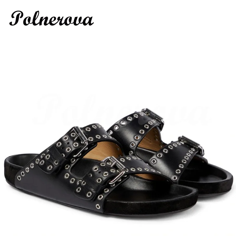 Leather Flat Comfortable Slippers for Women Fashion Rivet Outerwear Beach Shoes Ladies Casual Flip Flop Ladies Casual Beach Shoe