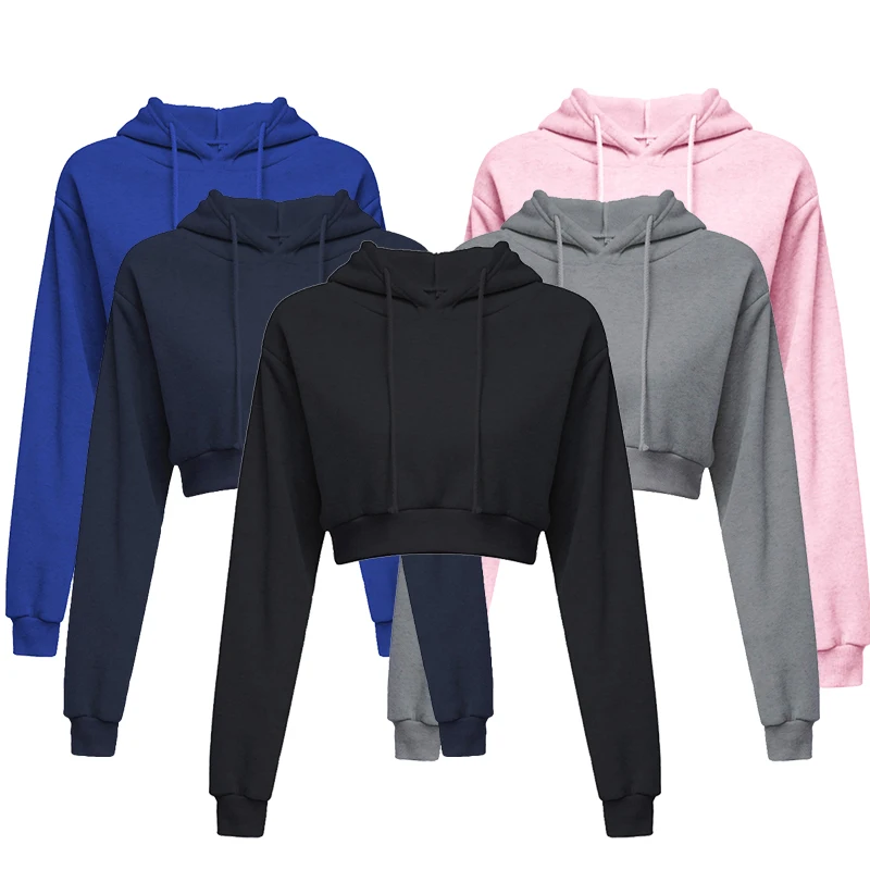Sporty pullover Long sleeve casual open navel solid hooded Sweatshirt