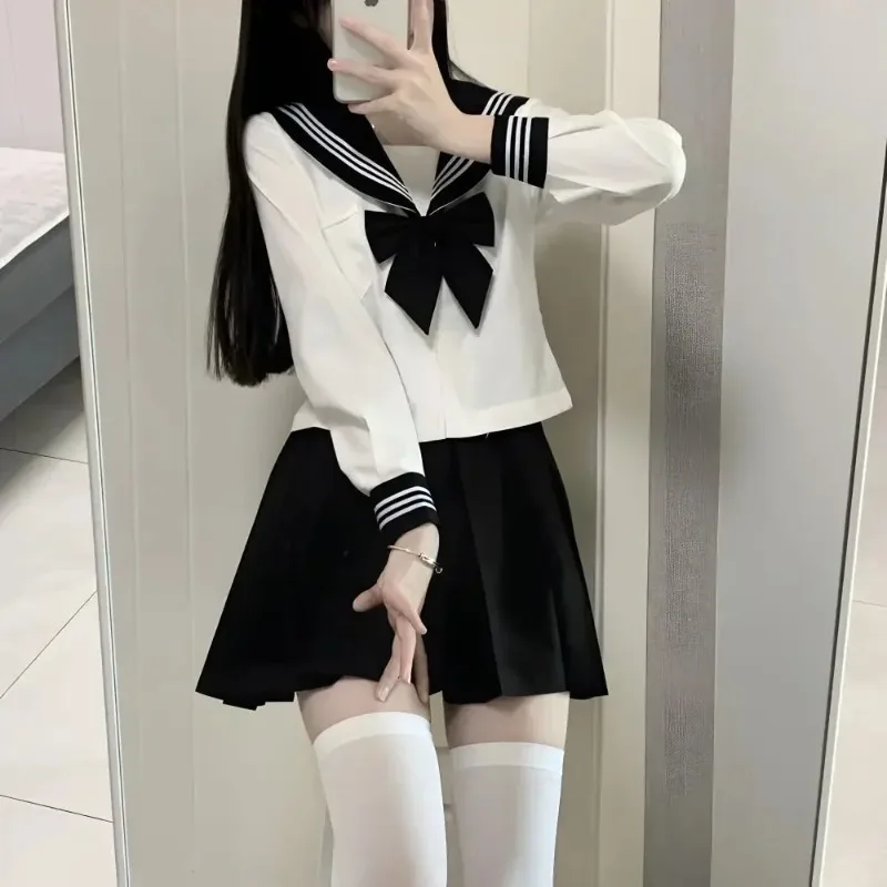 Japanese school uniform japanese schoolgirl skirt Basic JK Black Collar White Lines School Uniform Girl Sailor Suits Pleated Skirt Japanese Style Clothes Anime COS Costumes Women