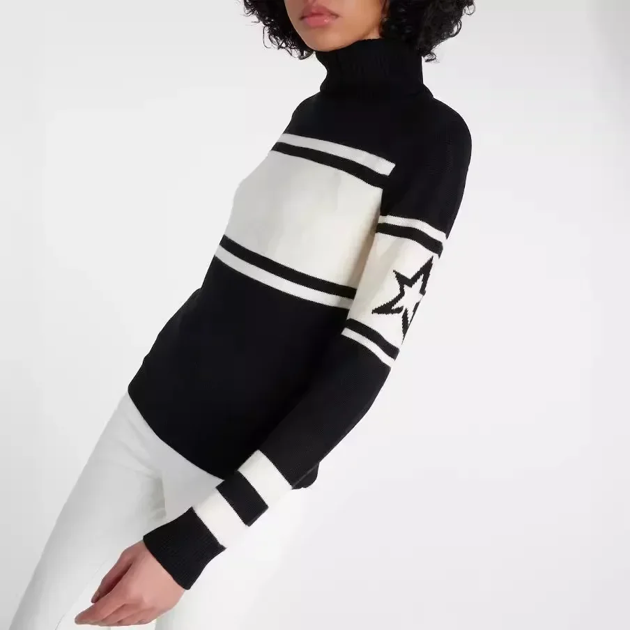 Autumn/Winter New Knitted Sweater Jacquard Letter Stripe Turtleneck Top Slim Versatile Soft Warm Couple Model Women's Sweater 3