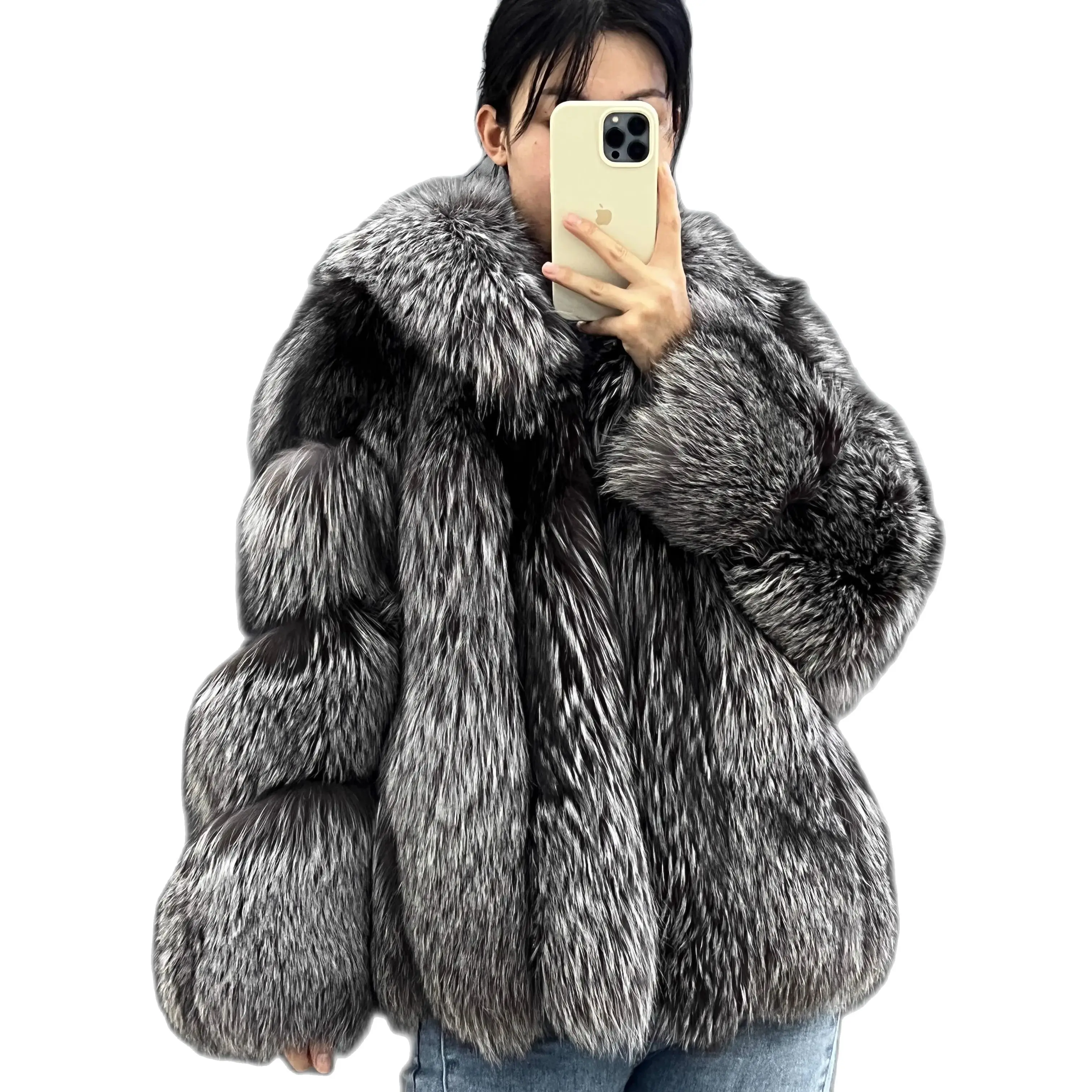 Silver Fox Fur Women's Luxury Natural Fox Fur Jacket Long Turn