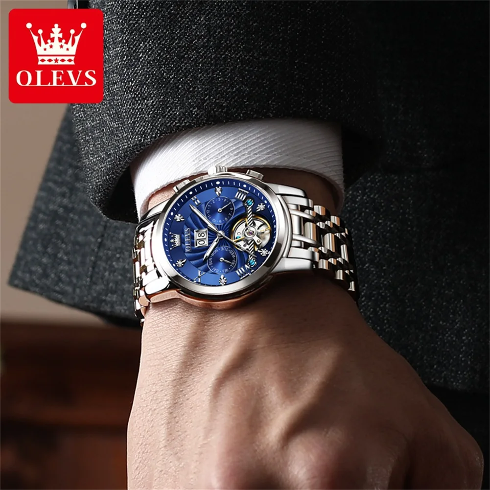 OLEVS 9910 Watch For Men Diamond Luxury Week Calendar Display Waterproof Man Watches Hollow Original Automatic Mechanical Watch