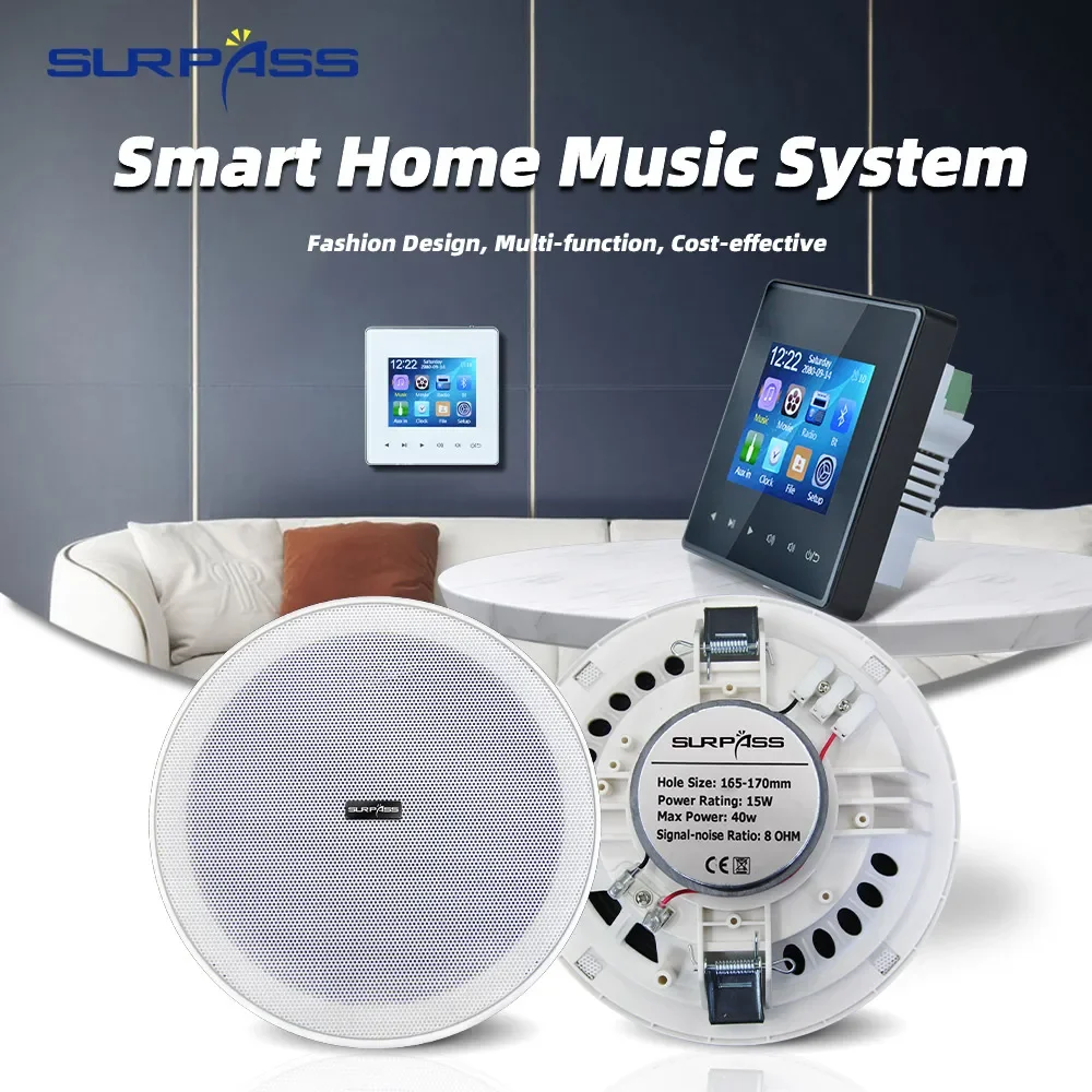 Smart Home Wall Amplifier Bluetooth-compatible Key Touch Mini Control Panel FM Radio Frameless Ceiling Speaker for Living Room